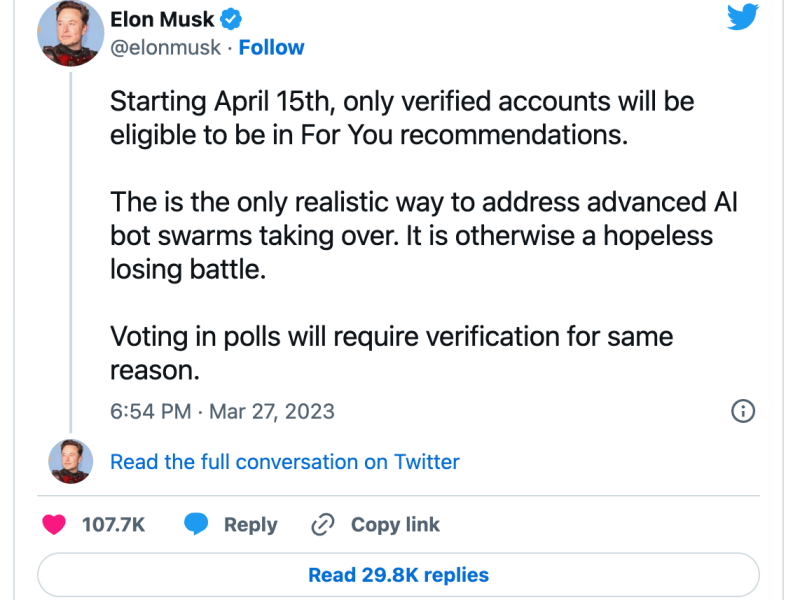 Elon Musk Announces Verified Accounts Only for Twitter Recommendations and Polls